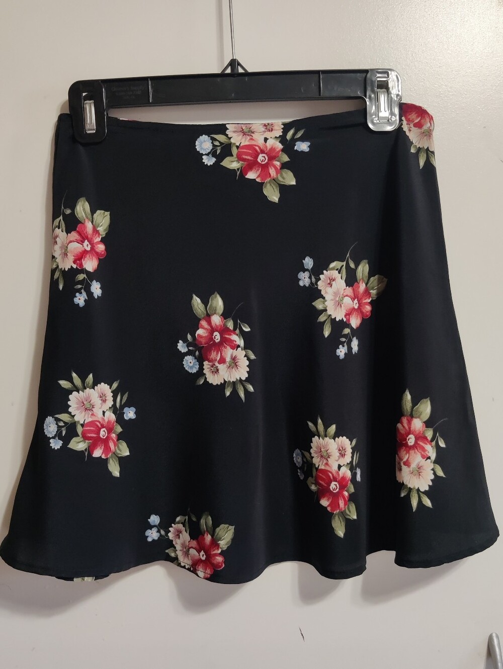 Necessary Objects Black Floral A-Line Skirt with Red & Cream Blooms